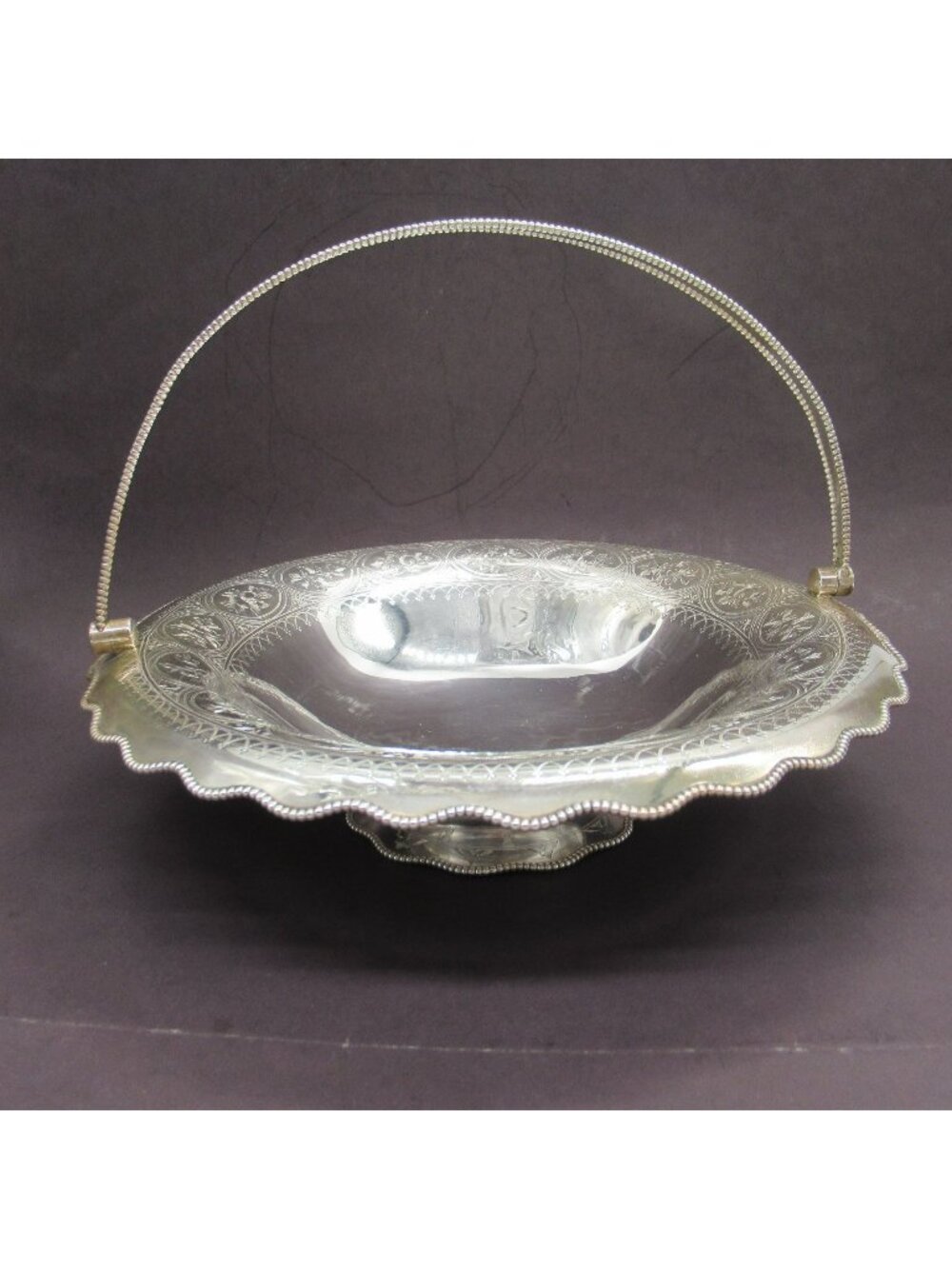 Antique Sheffield Silverplate Etched Pedestal Basket Beaded Waterfall Rim Martin
